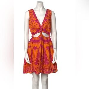 Farm Rio summer keyhole dress; hot pink and orange